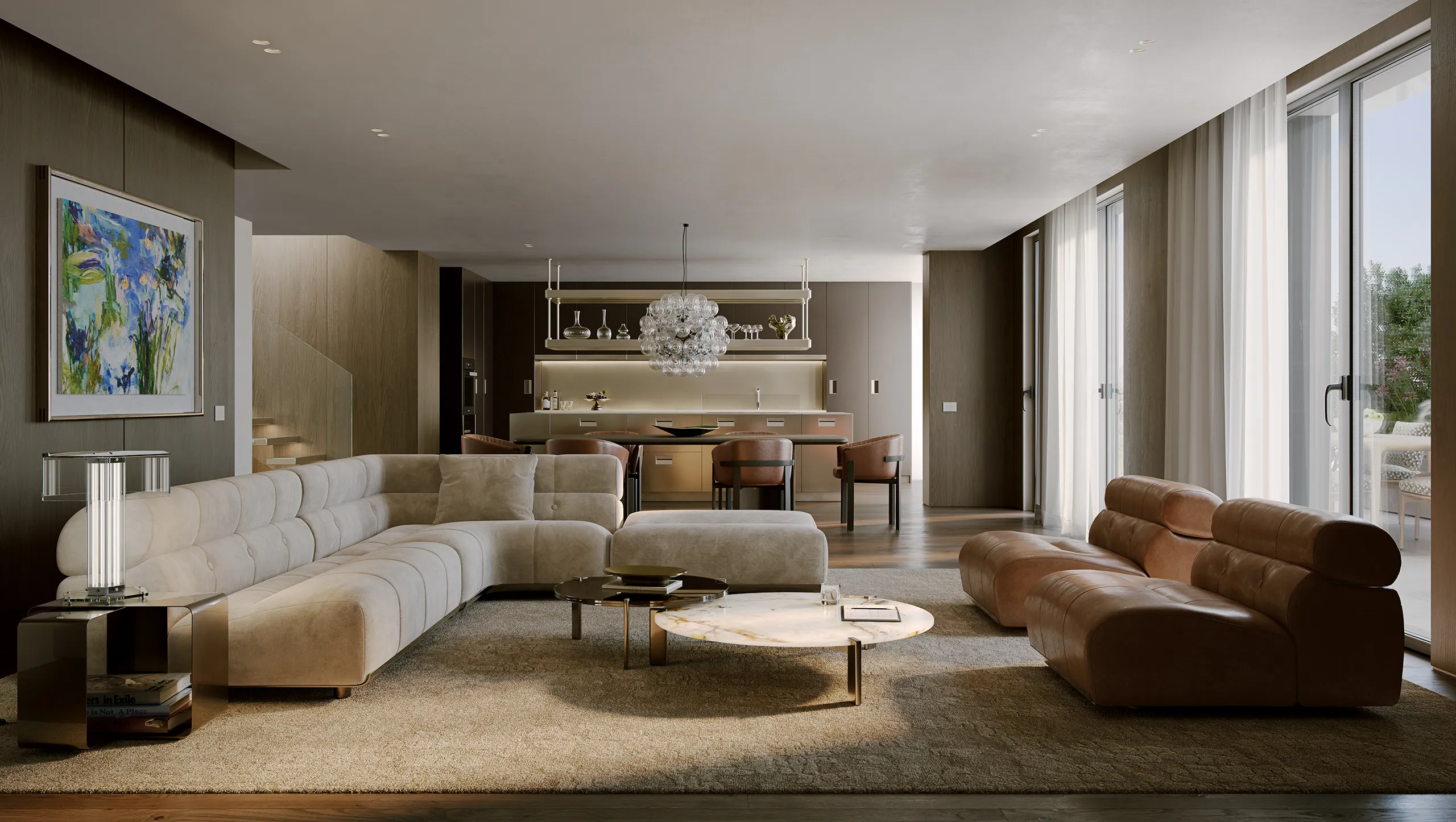 Ampio soggiorno di un attico di prestigio a Roma EUR, con arredi contemporanei, cucina a vista e grandi vetrate sulla terrazza.